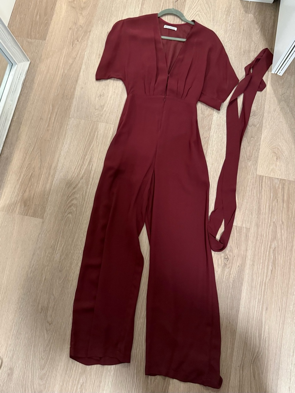 Reformation Wine-Red Wide-Leg Jumpsuit with Waist Sash